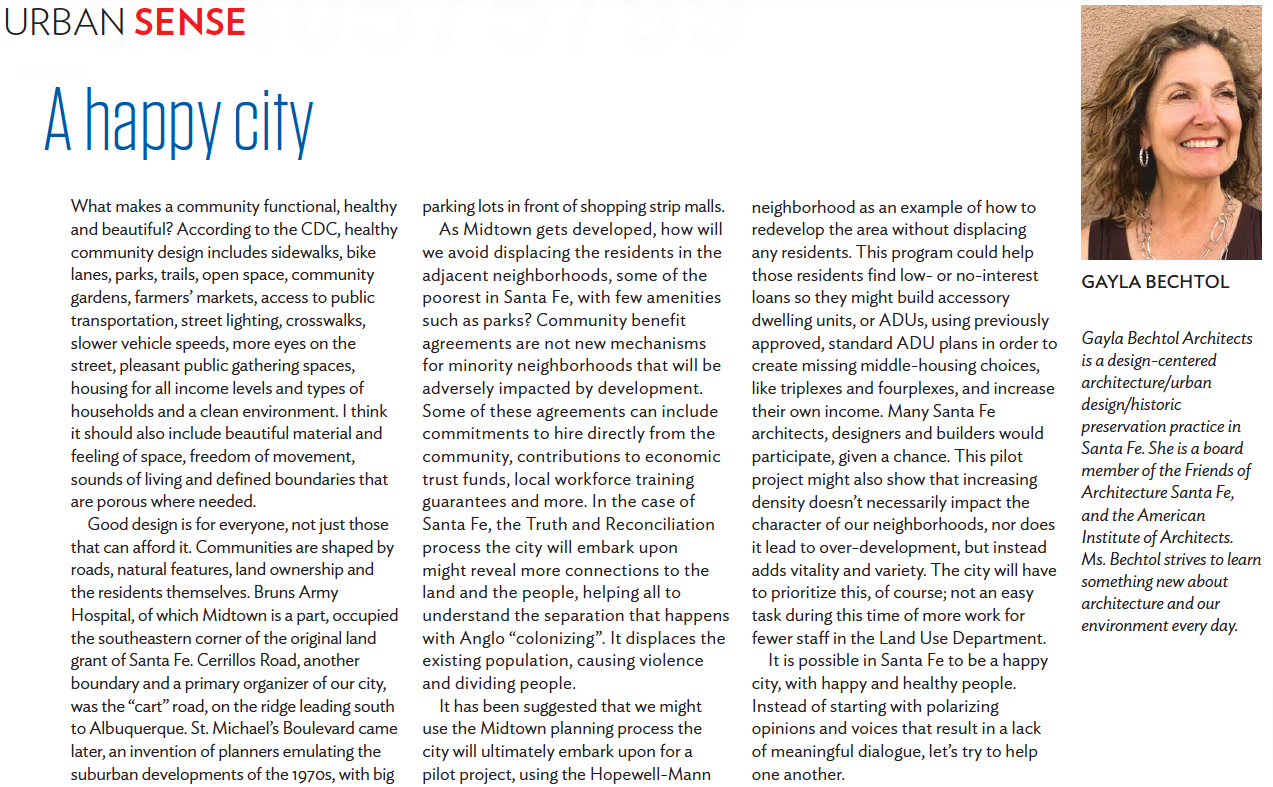 Urban Sense article 'A Happy City' by Gayla Bechtol discusses community design, housing, and redevelopment in Santa Fe with a focus on sustainability.