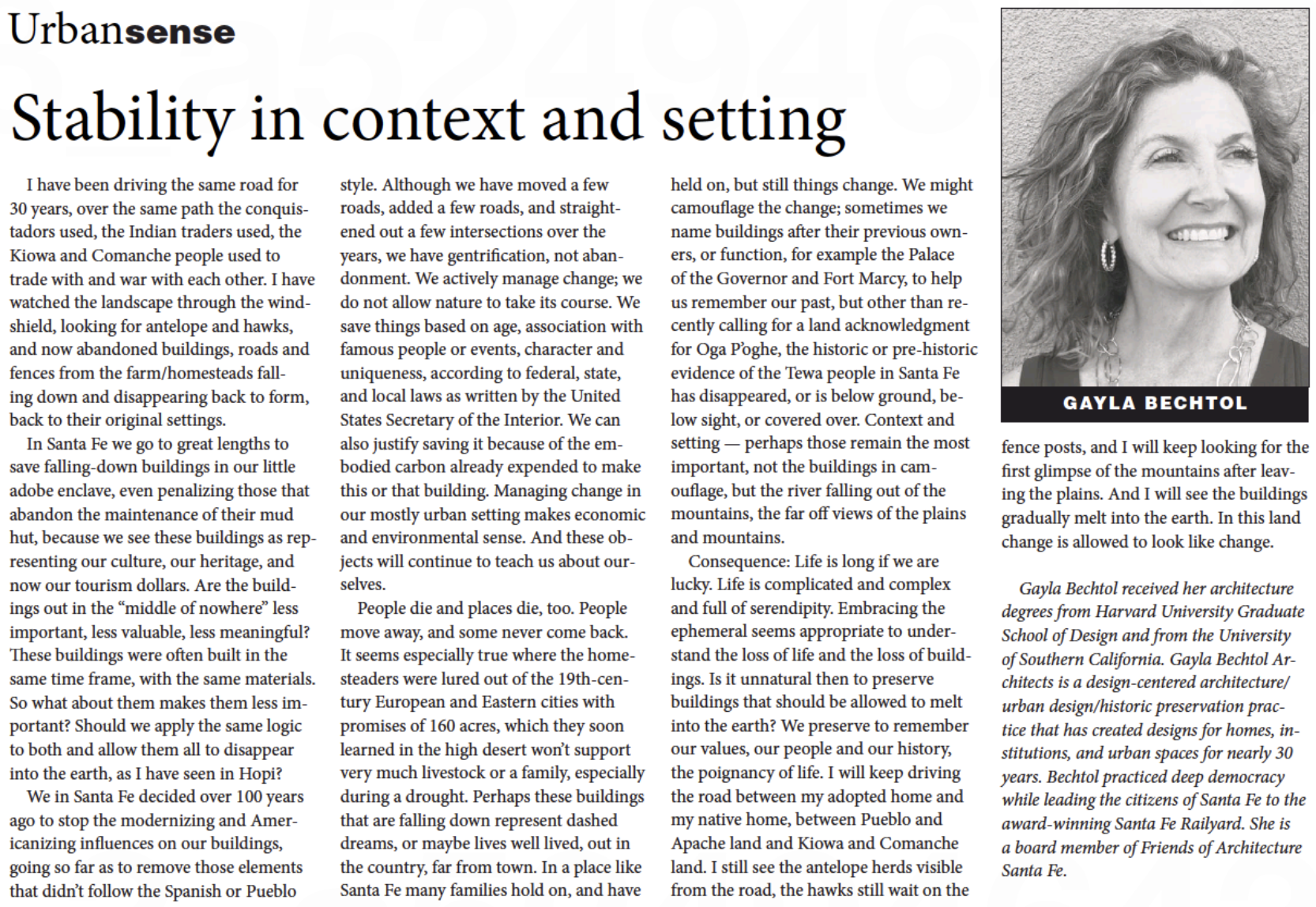 Gayla Bechtol reflects on the dynamic relationship between architecture and history in Santa Fe, emphasizing the importance of context and setting in preservation.