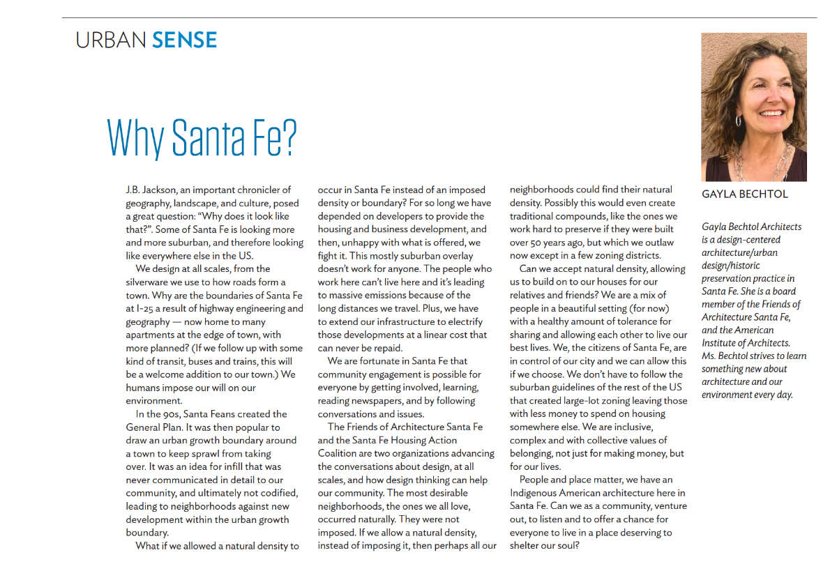 Urban planning article discussing Santa Fe’s architectural growth, density, and preservation, featuring architect Gayla Bechtol.