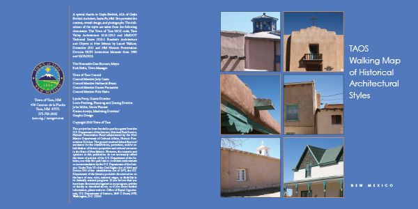 Brochure for Taos featuring a walking map of historical architectural styles, with vibrant photos and detailed descriptions to guide explorers through the town's rich heritage.