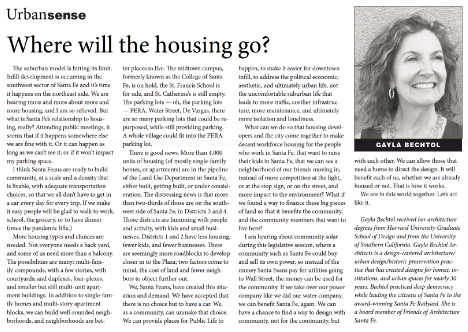 The article discusses housing development in Santa Fe, emphasizing growth, development concerns, and future strategies for managing housing. A photo of Gayla Bechtol is included beside the article.