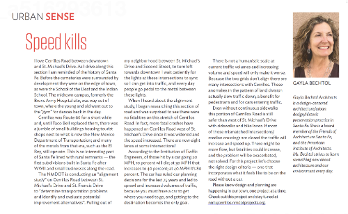 Urban Sense May article discusses traffic safety on Cerrillos Road, its impact on Santa Fe’s neighborhoods, and potential urban design improvements.