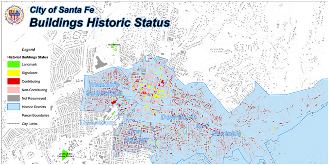 Map of Santa Fe highlighting buildings' historic status, using color-coded legends to distinguish landmarks, significant, and contributing structures within the city limits.