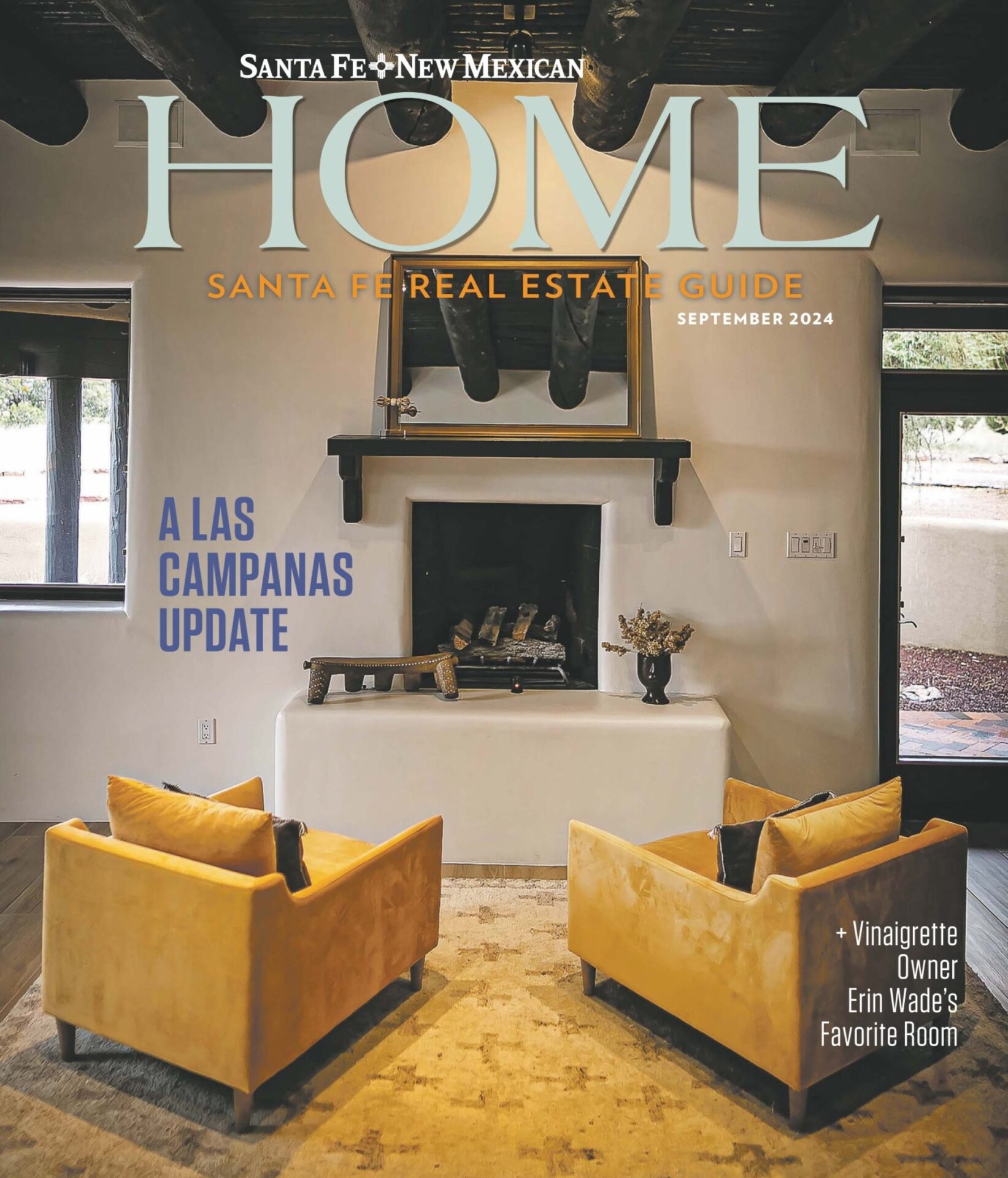 Santa Fe residential architecture featuring plush yellow armchairs and a traditional fireplace, highlighting the serene work environment architects design.