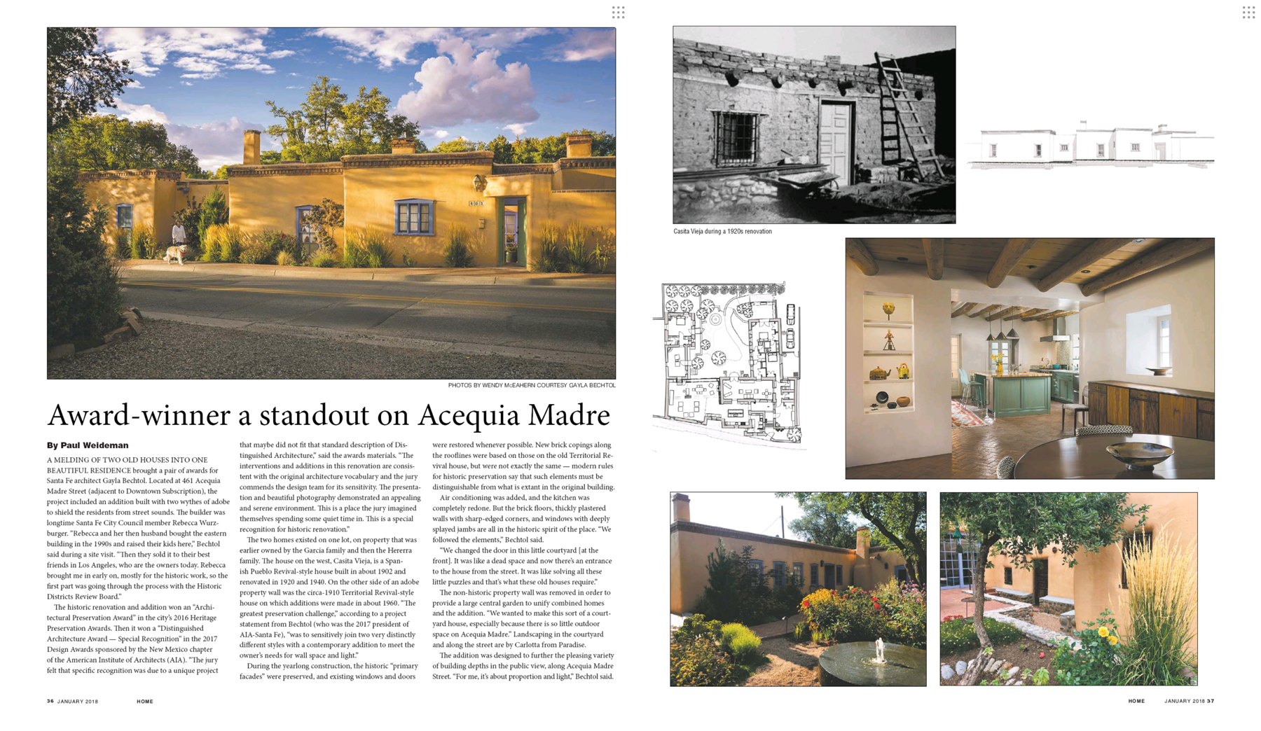 Feature on the award-winning restoration of a home on Acequia Madre, showcasing its evolution from historical photographs to contemporary architectural drawings and modern interiors.